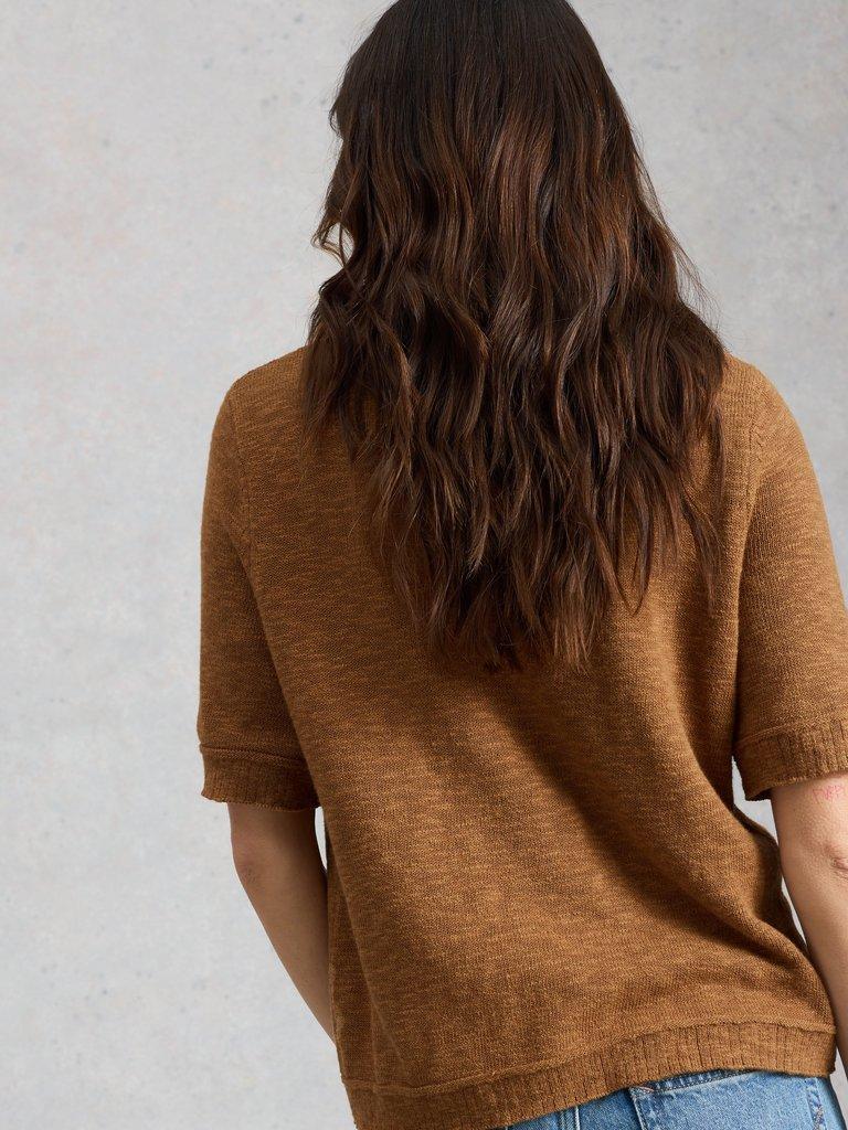 BETSY CREW NECK CARDI in LGT BROWN - MODEL BACK