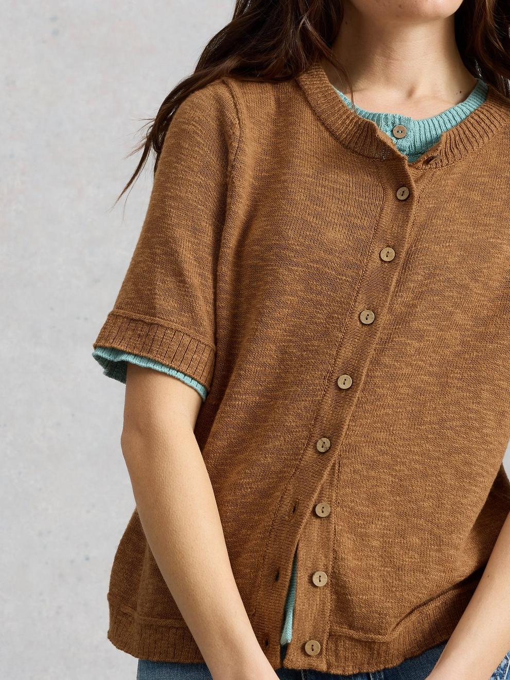 BETSY CREW NECK CARDI in LGT BROWN - MODEL DETAIL