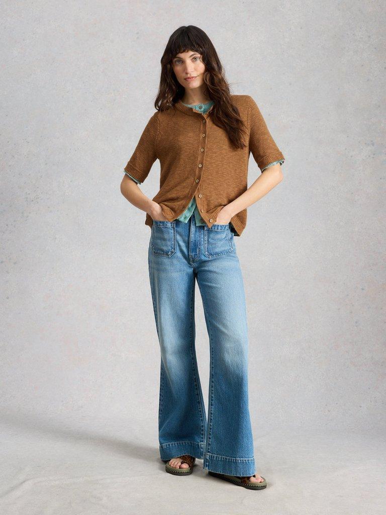 BETSY CREW NECK CARDI in LGT BROWN - MODEL FRONT