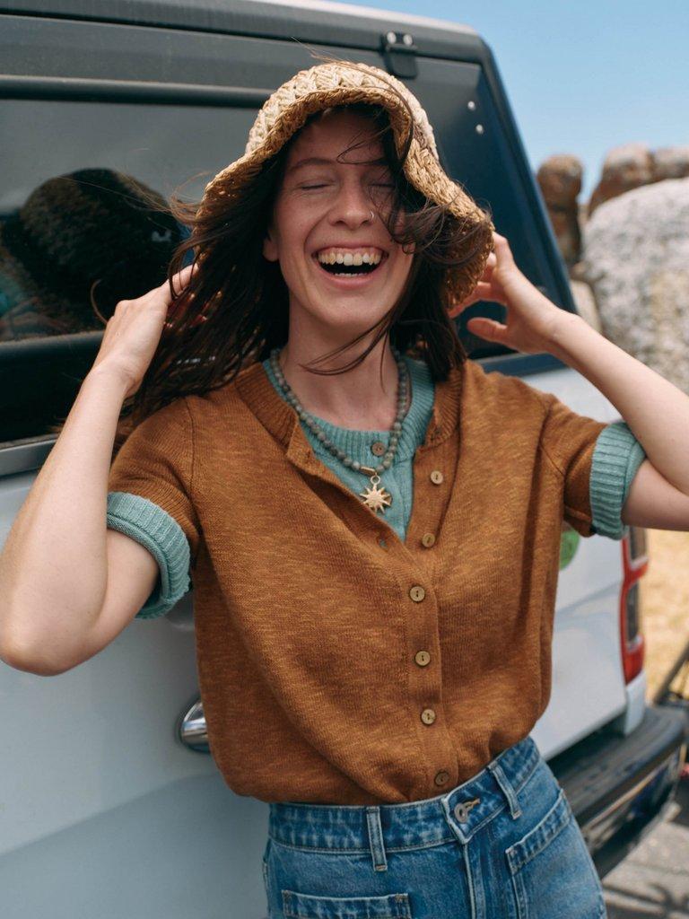 BETSY CREW NECK CARDI in LGT BROWN - MIXED