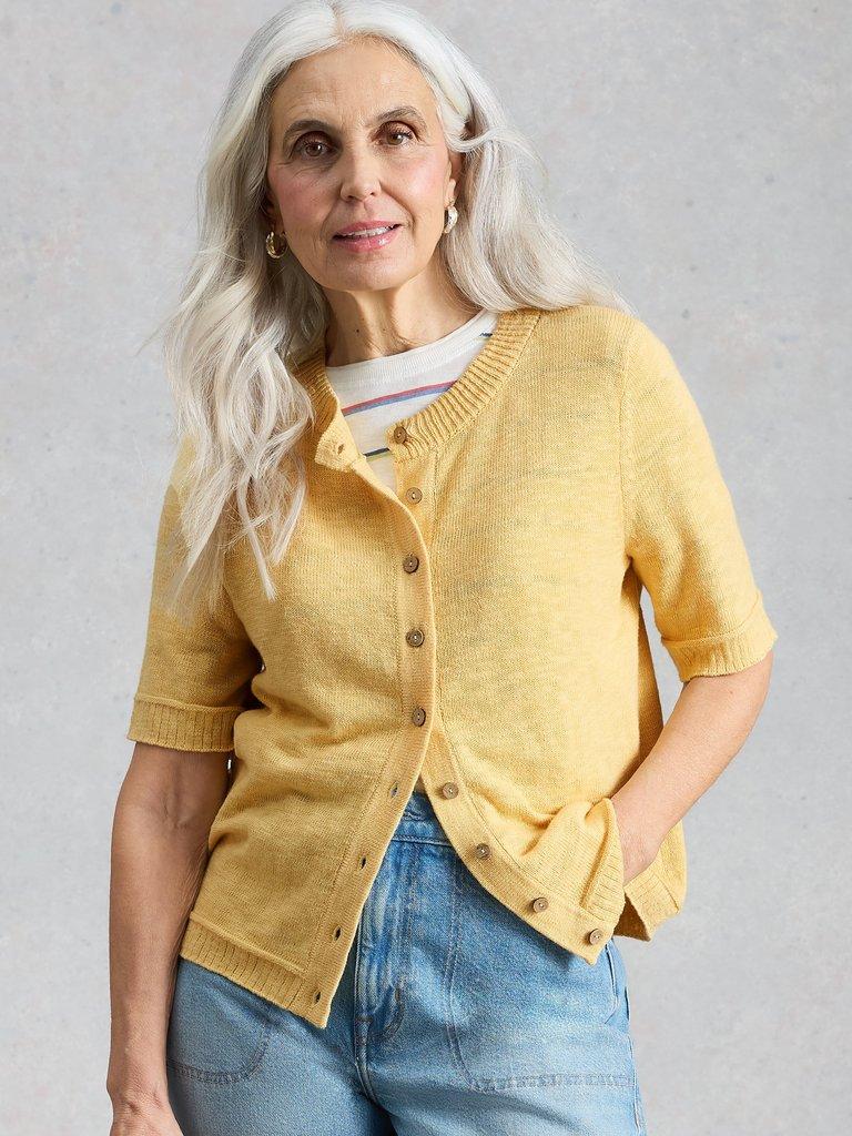 BETSY CREW NECK CARDI in LGT YELLOW - MODEL DETAIL