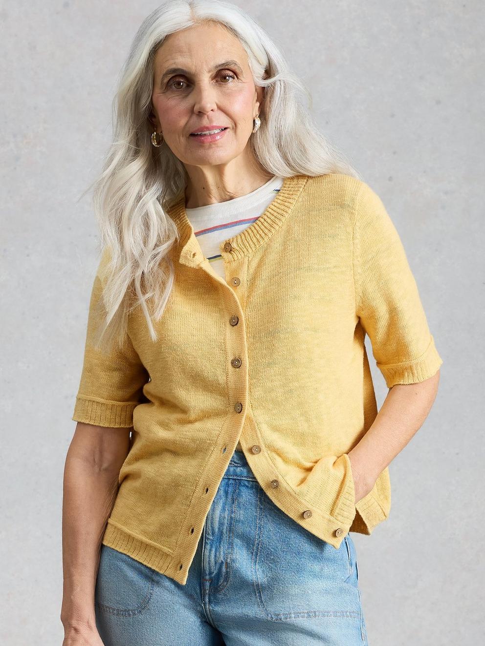 BETSY CREW NECK CARDI in LGT YELLOW - MODEL DETAIL