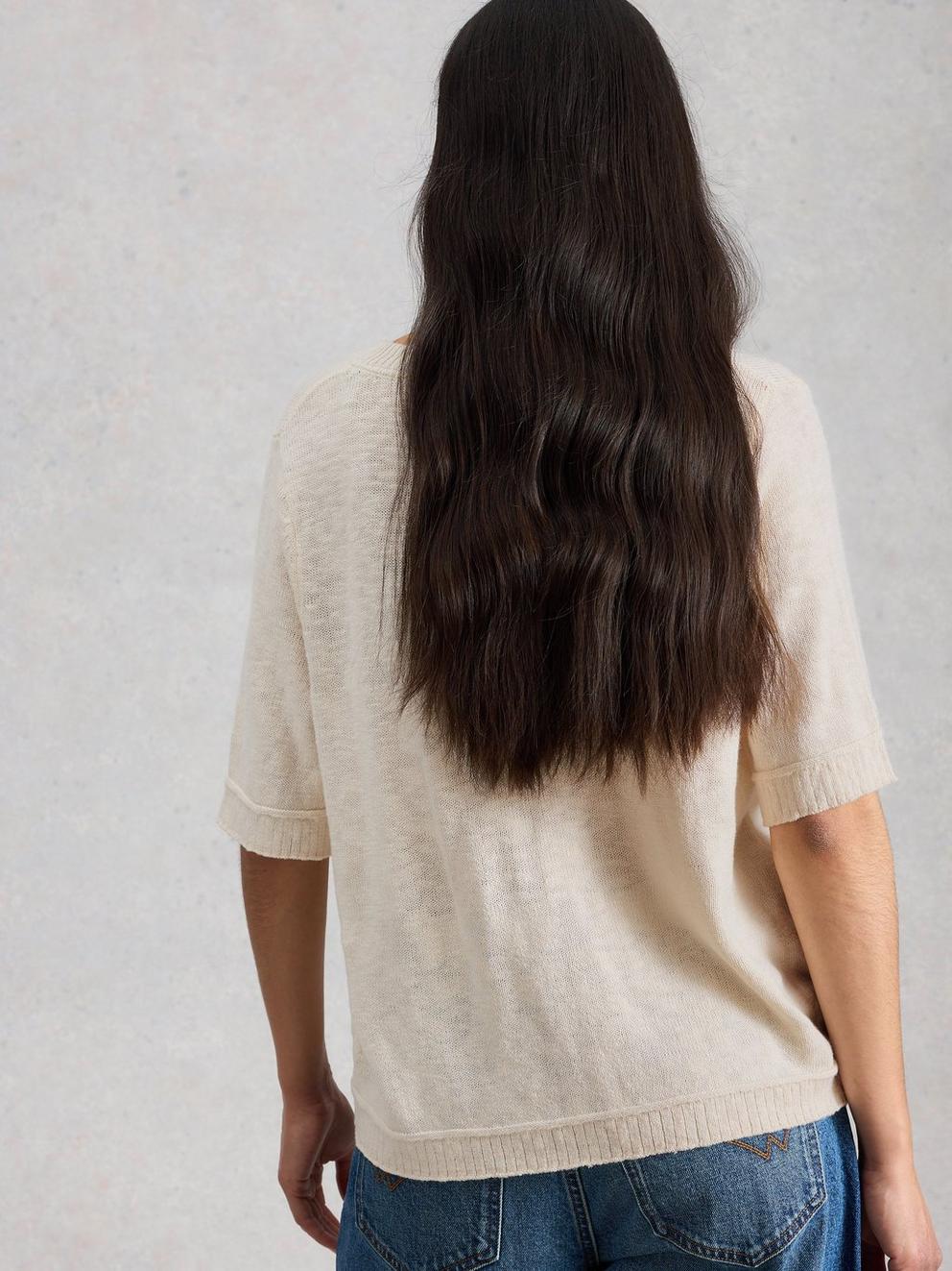 BETSY CREW NECK CARDI in PALE IVORY - MODEL BACK