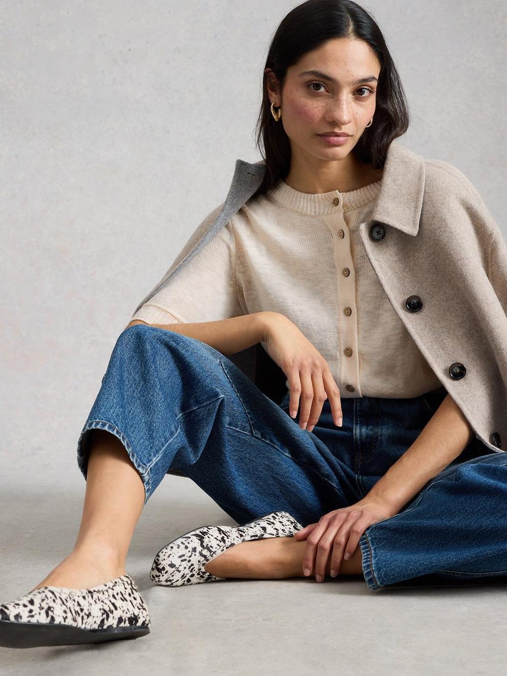 BETSY CREW NECK CARDI in PALE IVORY - MODEL DETAIL