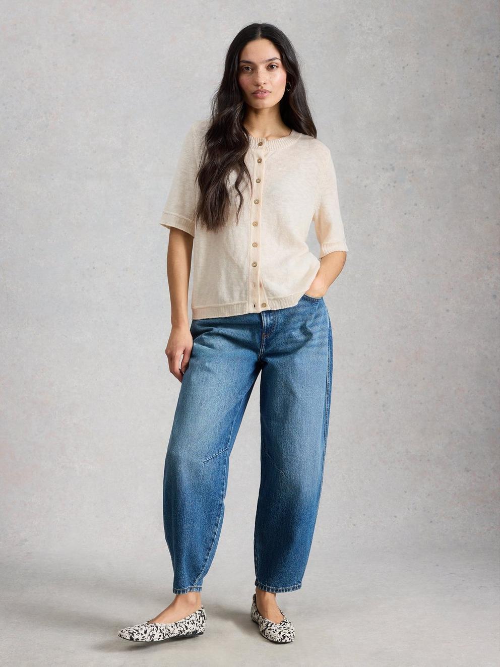 BETSY CREW NECK CARDI in PALE IVORY - MODEL FRONT