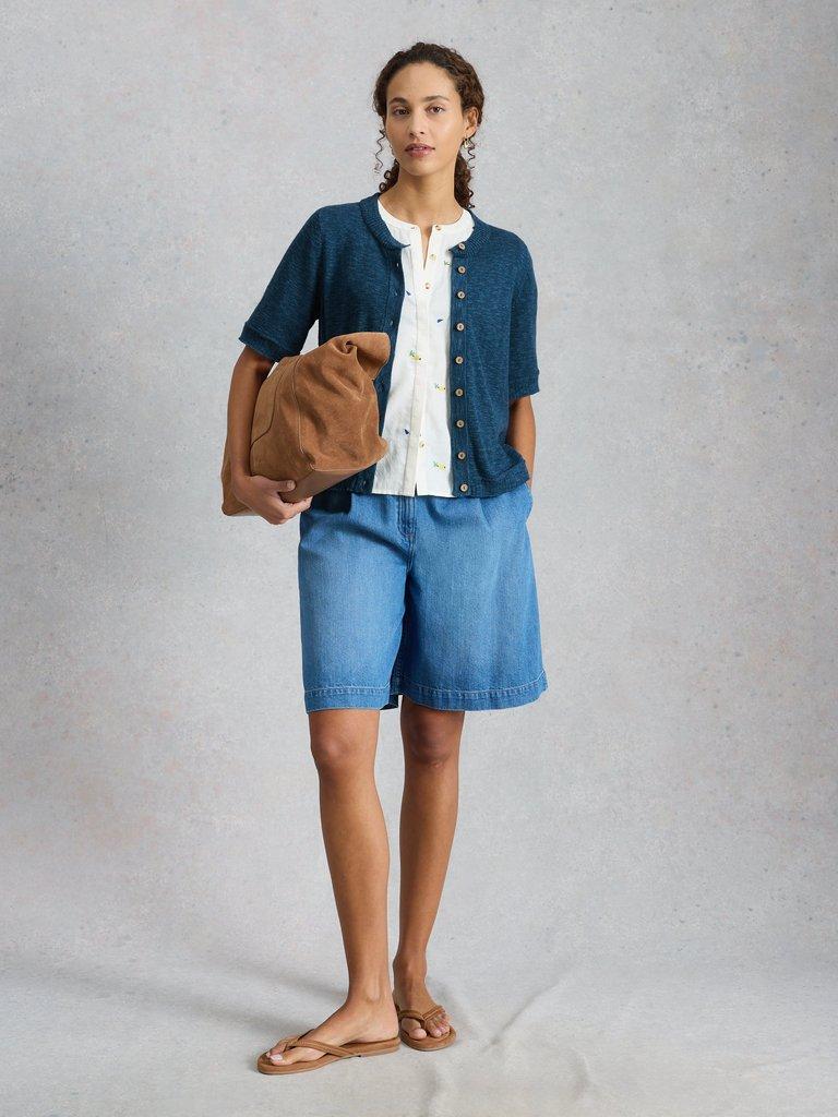 BETSY CARDI in DK BLUE - MODEL FRONT