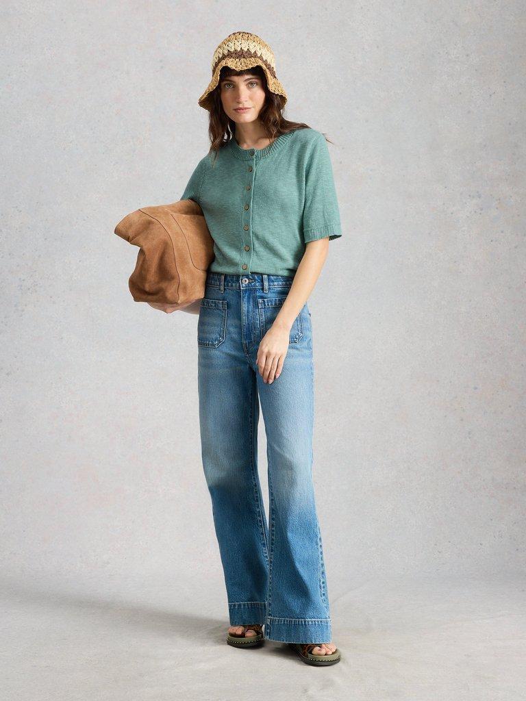 BETSY CARDI in MID TEAL - MODEL FRONT