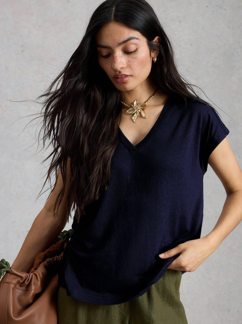 ELLA LACE T-SHIRT in DARK NAVY - MODEL DETAIL
