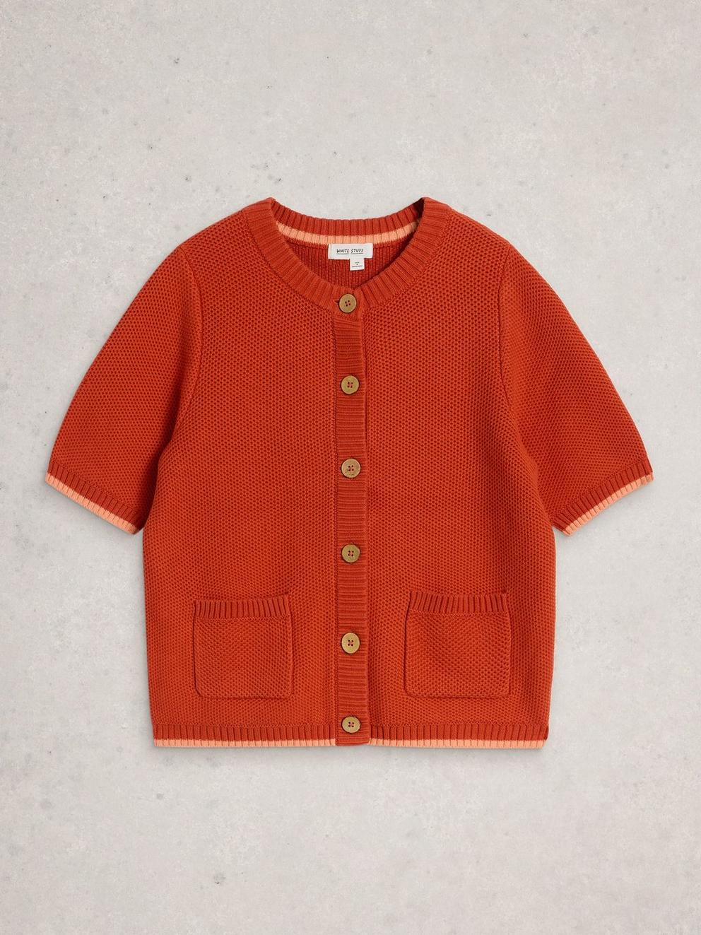 ISABELLA SHORT SLEEVE CARDIGAN in MID RED - FLAT FRONT