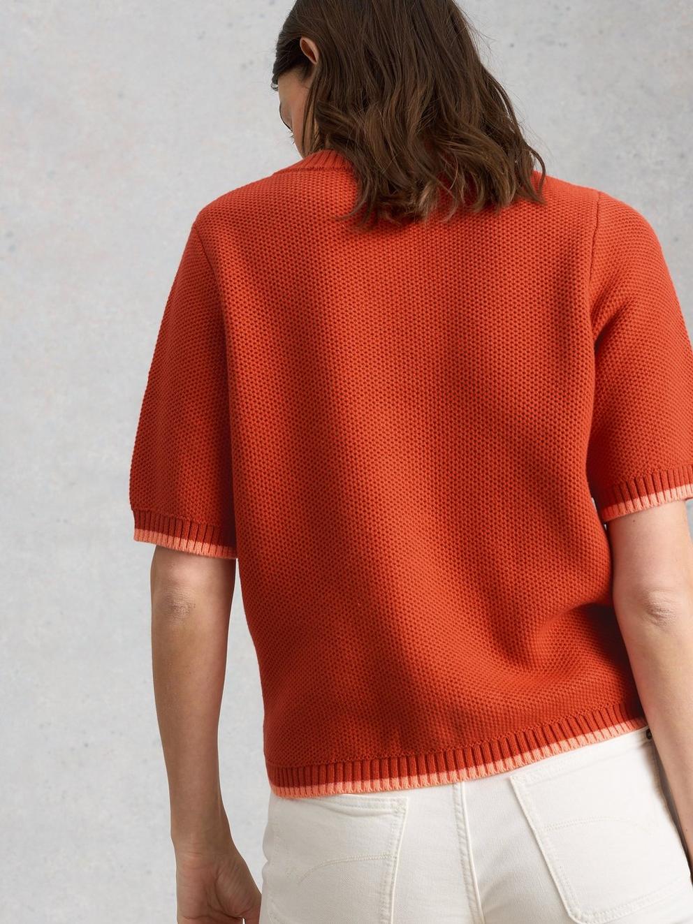 ISABELLA SHORT SLEEVE CARDIGAN in MID RED - MODEL BACK