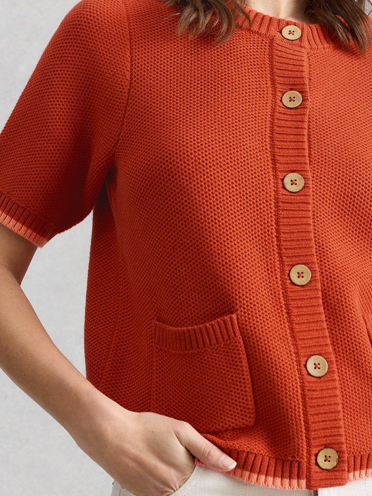 ISABELLA SHORT SLEEVE CARDIGAN in MID RED - MODEL DETAIL