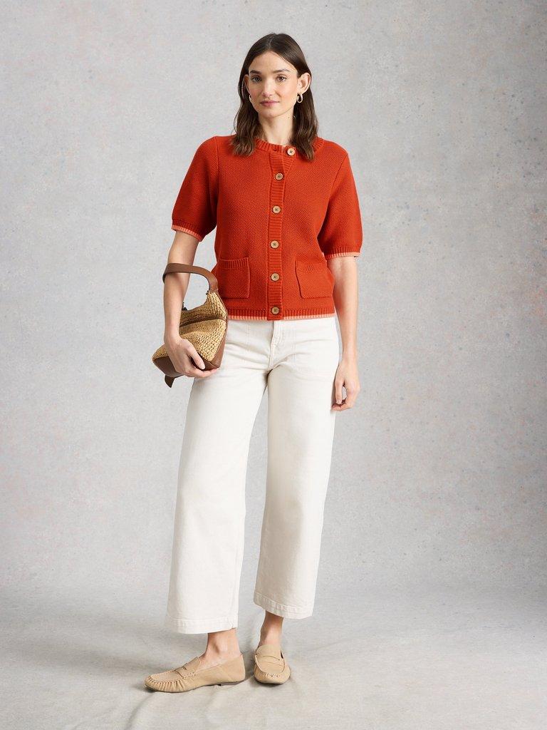 ISABELLA SHORT SLEEVE CARDIGAN in MID RED - MODEL FRONT