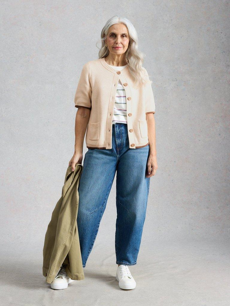 ISABELLA SHORT SLEEVE CARDIGAN in PALE IVORY - LIFESTYLE