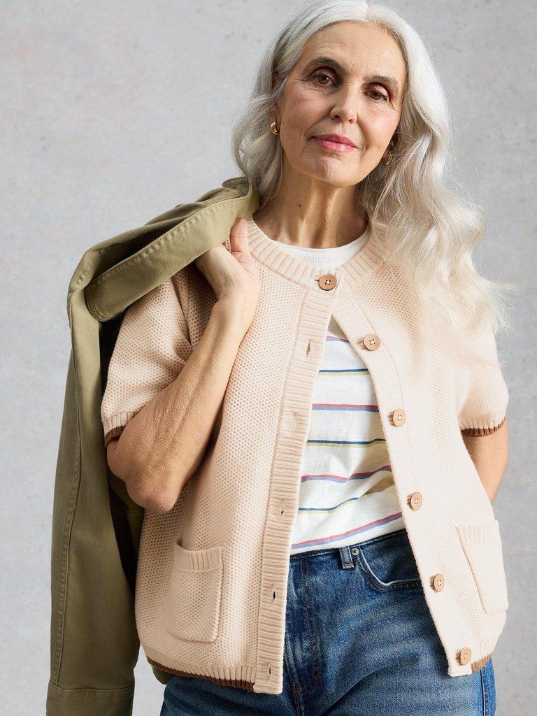 ISABELLA SHORT SLEEVE CARDIGAN in PALE IVORY - MODEL FRONT