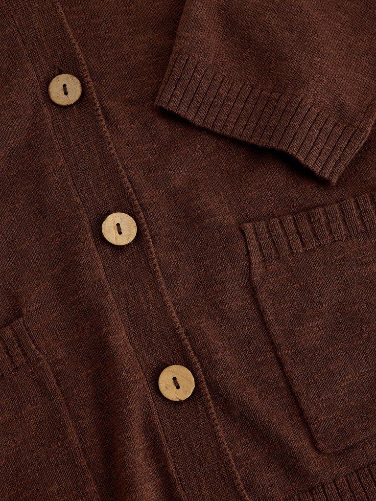 NOVA LINEN BLEND V NECK CARDI in DK BROWN - FLAT DETAIL