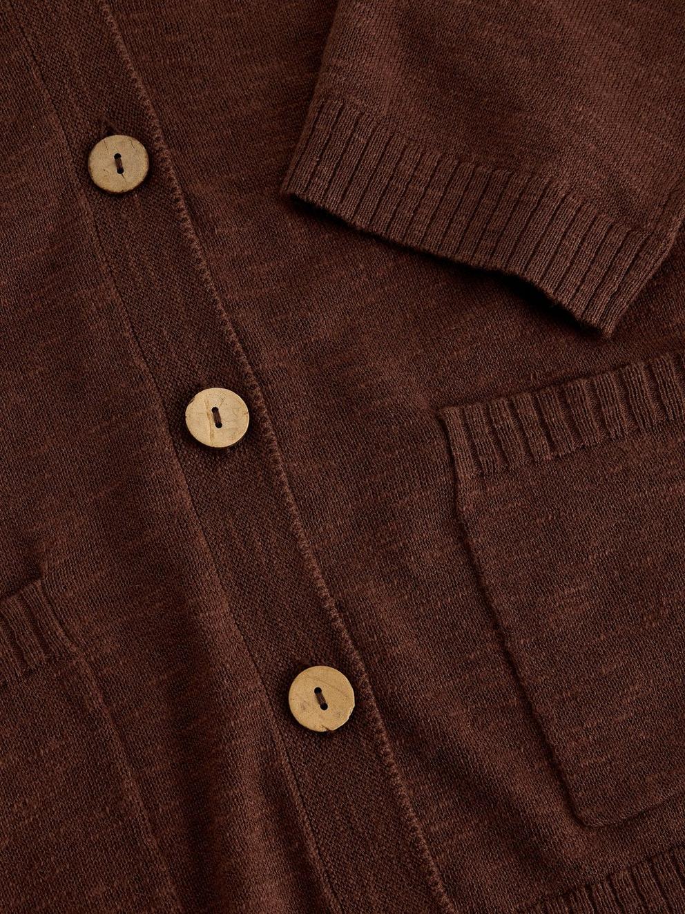 NOVA LINEN BLEND V NECK CARDI in DK BROWN - FLAT DETAIL