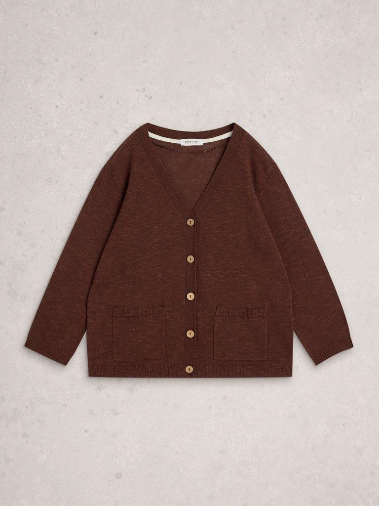 NOVA LINEN BLEND V NECK CARDI in DK BROWN - FLAT FRONT