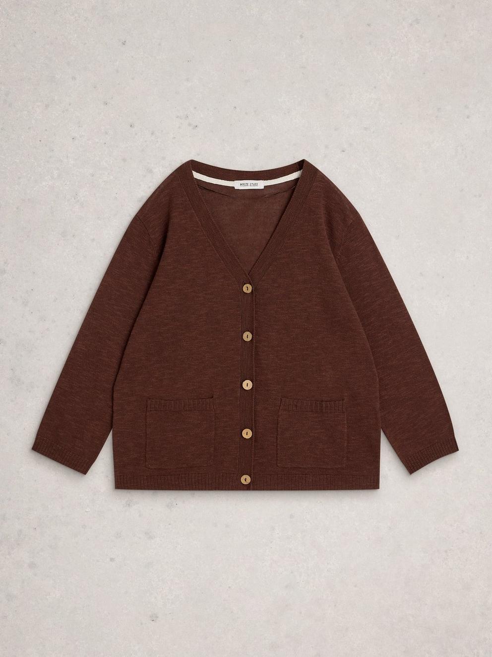 NOVA LINEN BLEND V NECK CARDI in DK BROWN - FLAT FRONT