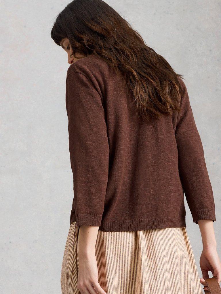 NOVA LINEN BLEND V NECK CARDI in DK BROWN - MODEL BACK