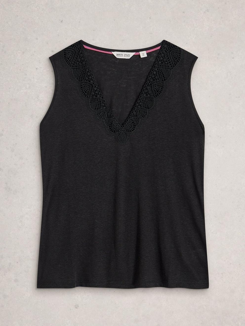 ELLIE LACE V NECK VEST in PURE BLK - FLAT FRONT