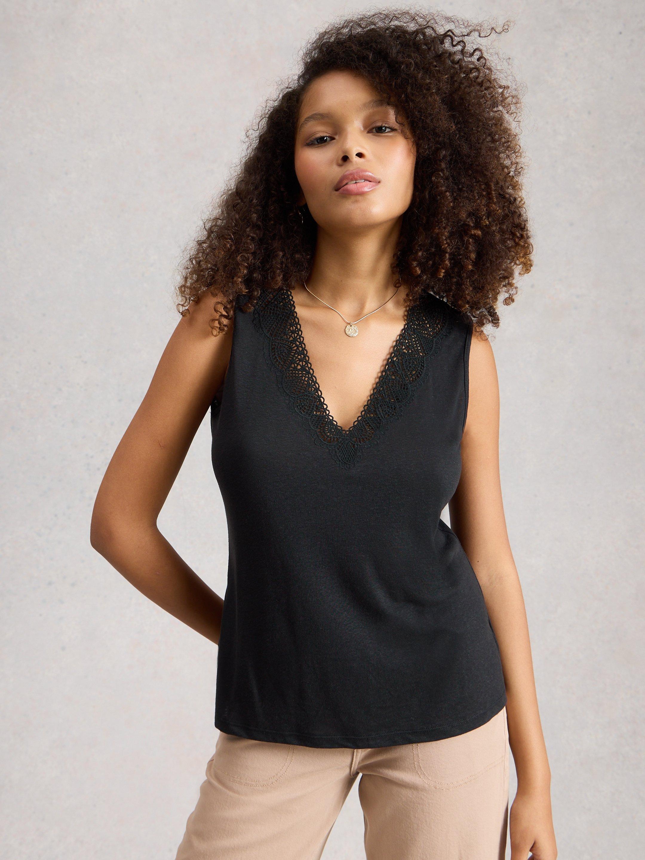 ELLIE LACE V NECK VEST in PURE BLACK | White Stuff