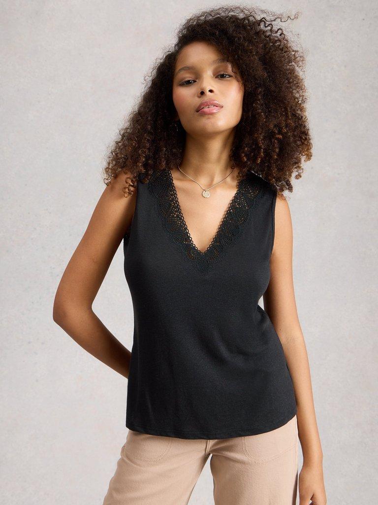 ELLIE LACE V NECK VEST in PURE BLK - LIFESTYLE