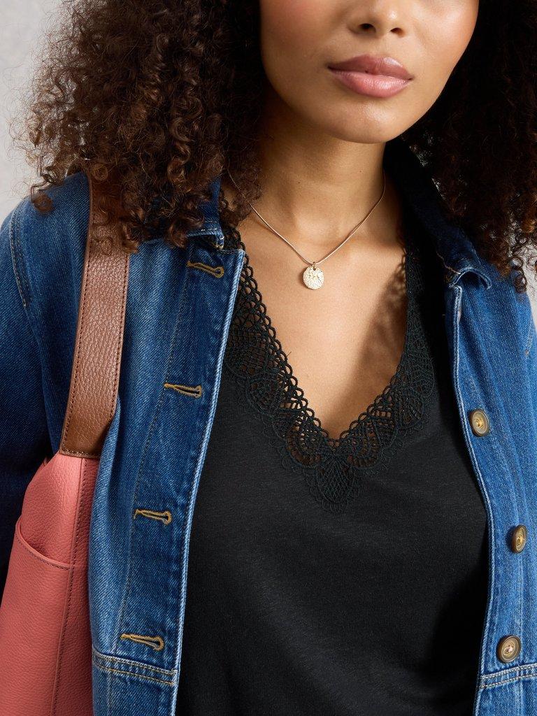 ELLIE LACE V NECK VEST in PURE BLK - MODEL DETAIL