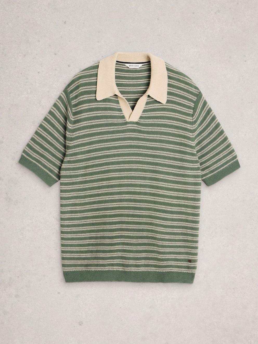 Thame Linen Blend Knitted Polo in GREEN MLT - FLAT FRONT