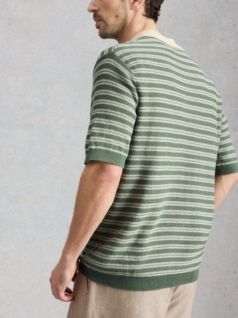 Thame Linen Blend Knitted Polo in GREEN MLT - MODEL BACK