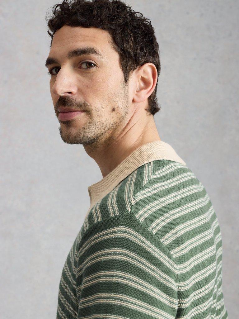 Thame Linen Blend Knitted Polo in GREEN MLT - MODEL DETAIL
