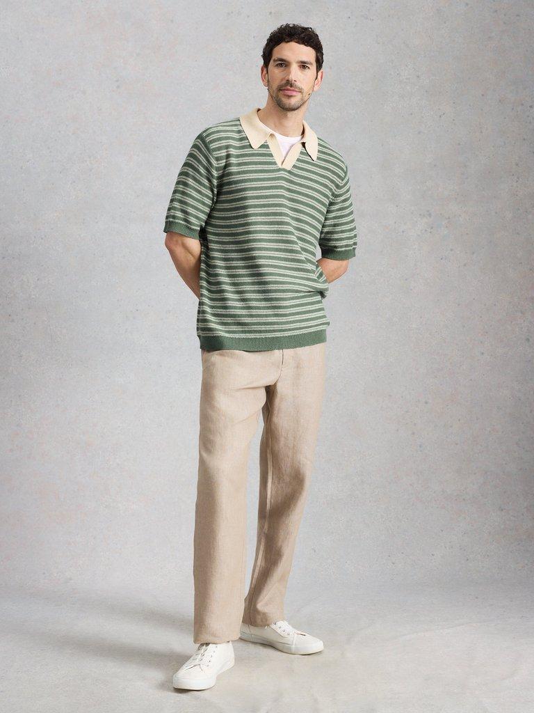 Thame Linen Blend Knitted Polo in GREEN MLT - MODEL FRONT