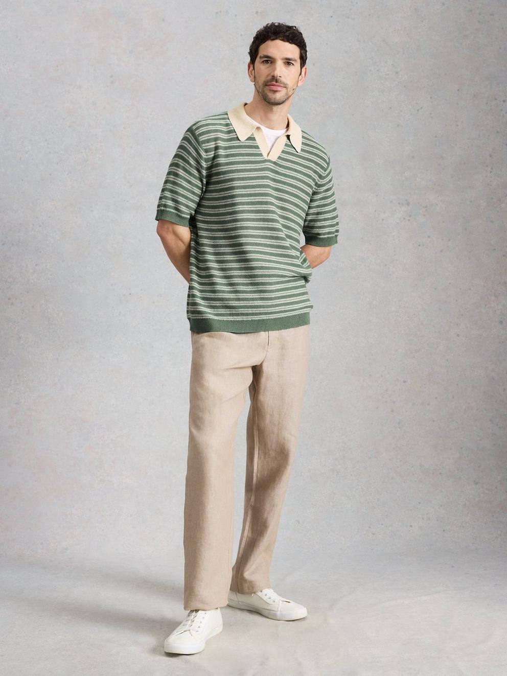 Thame Linen Blend Knitted Polo in GREEN MLT - MODEL FRONT