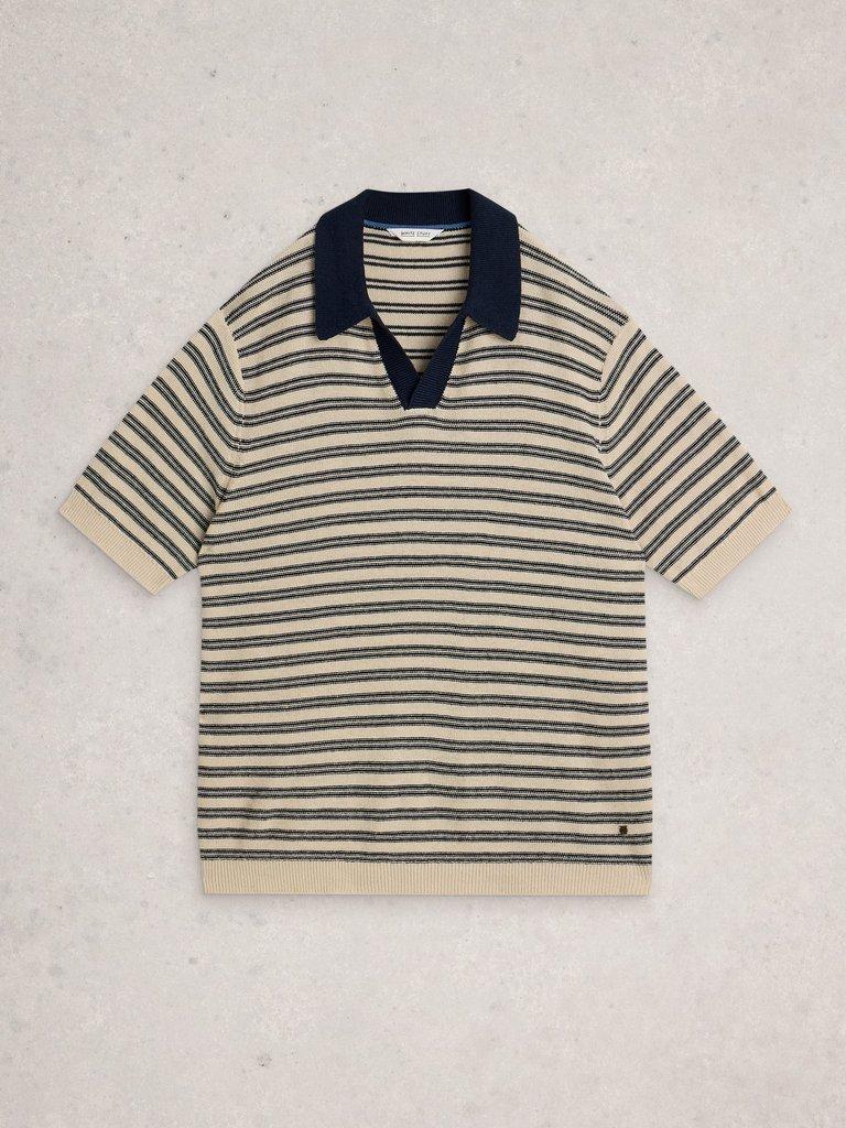 Thame Linen Blend Knitted Polo in NAVY MULTI - FLAT FRONT