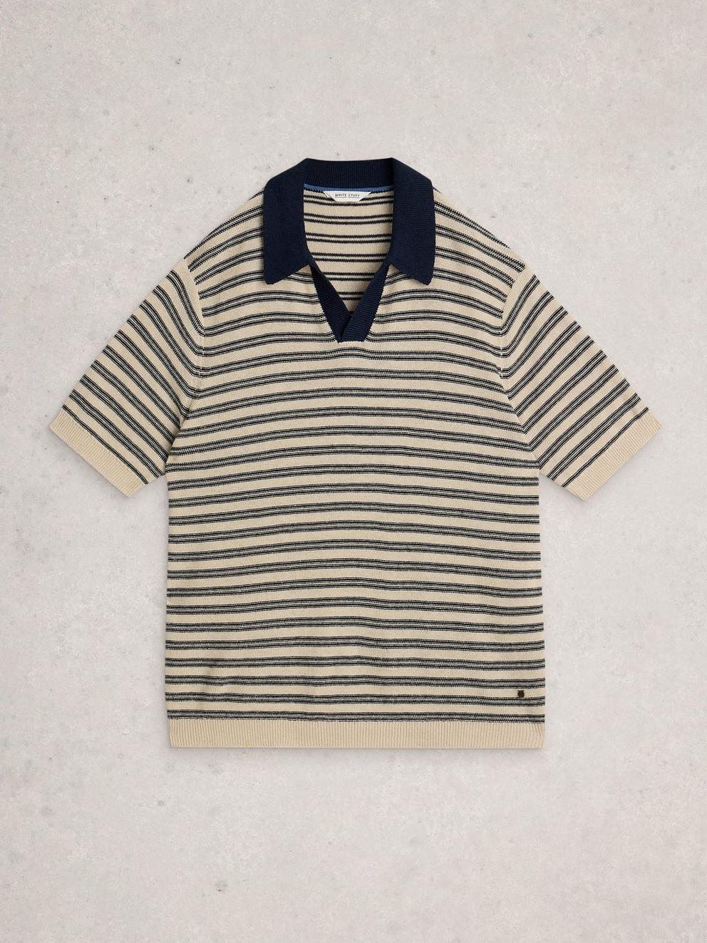 Thame Linen Blend Knitted Polo in NAVY MULTI - FLAT FRONT
