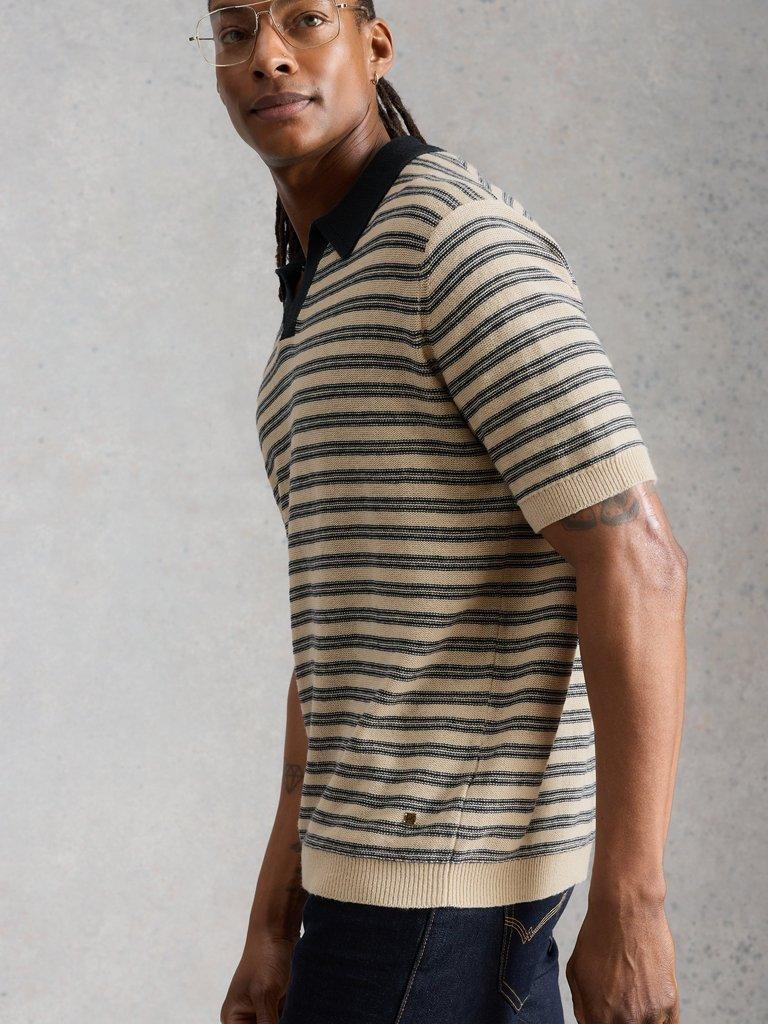 Thame Linen Blend Knitted Polo in NAVY MULTI - MODEL DETAIL