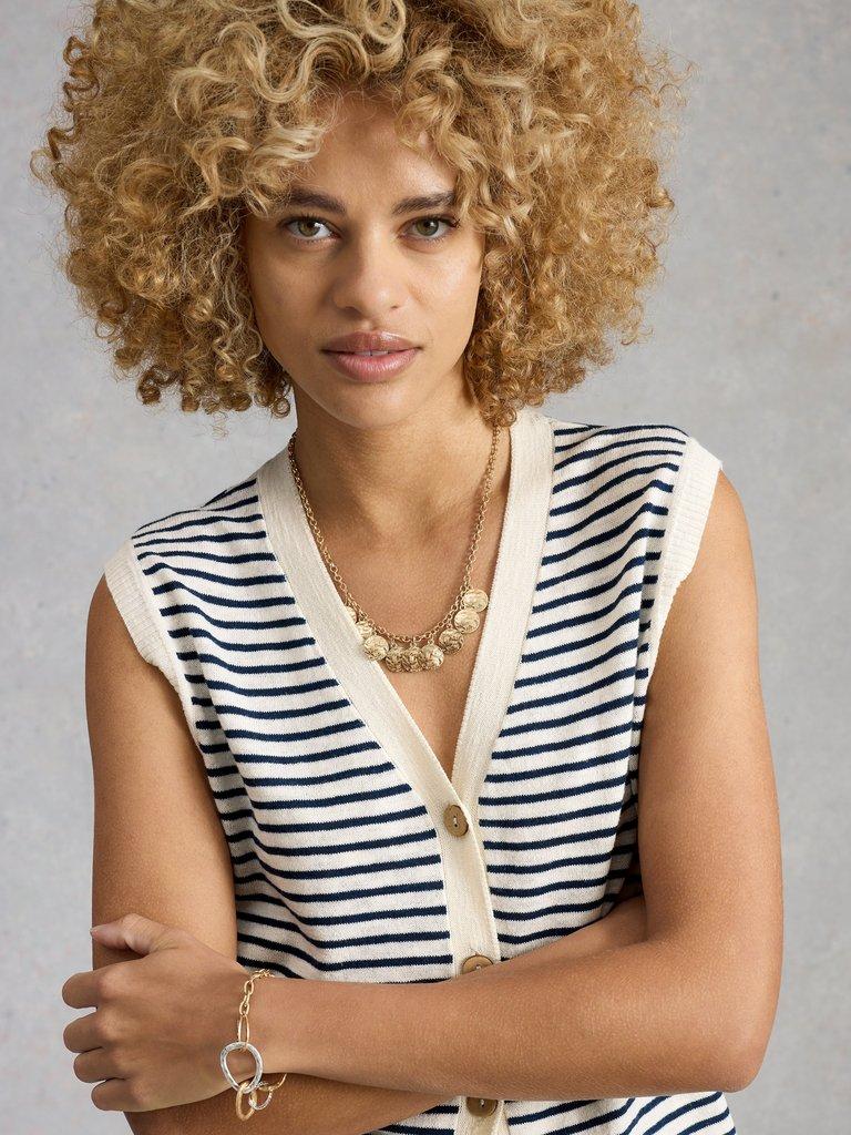NOVA LINEN BLEND STRIPED TANK in NAVY MULTI - MODEL DETAIL