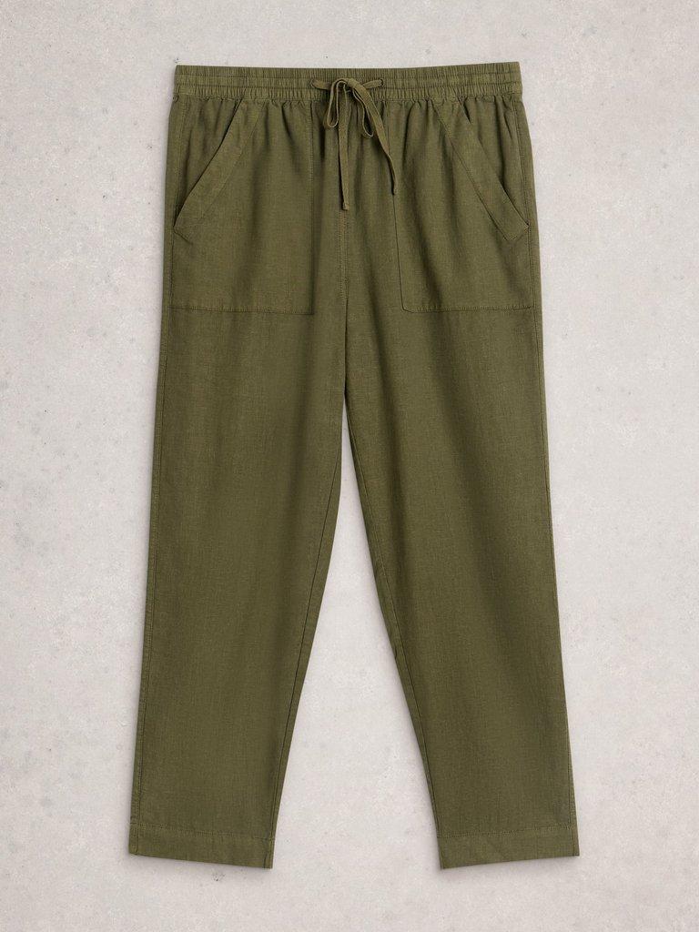 Elle Linen Blend Ankle Length Trouser in KHAKI GRN - FLAT FRONT