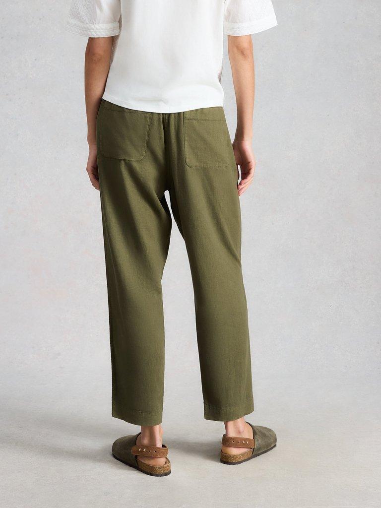 Elle Linen Blend Ankle Length Trouser in KHAKI GRN - MODEL BACK