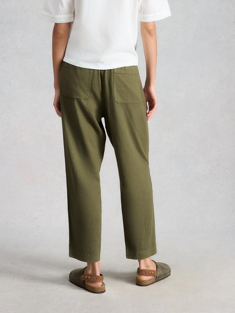 Elle Linen Blend Ankle Length Trouser in KHAKI GRN - MODEL BACK