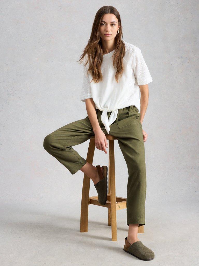 Elle Linen Blend Ankle Length Trouser in KHAKI GRN - MODEL DETAIL