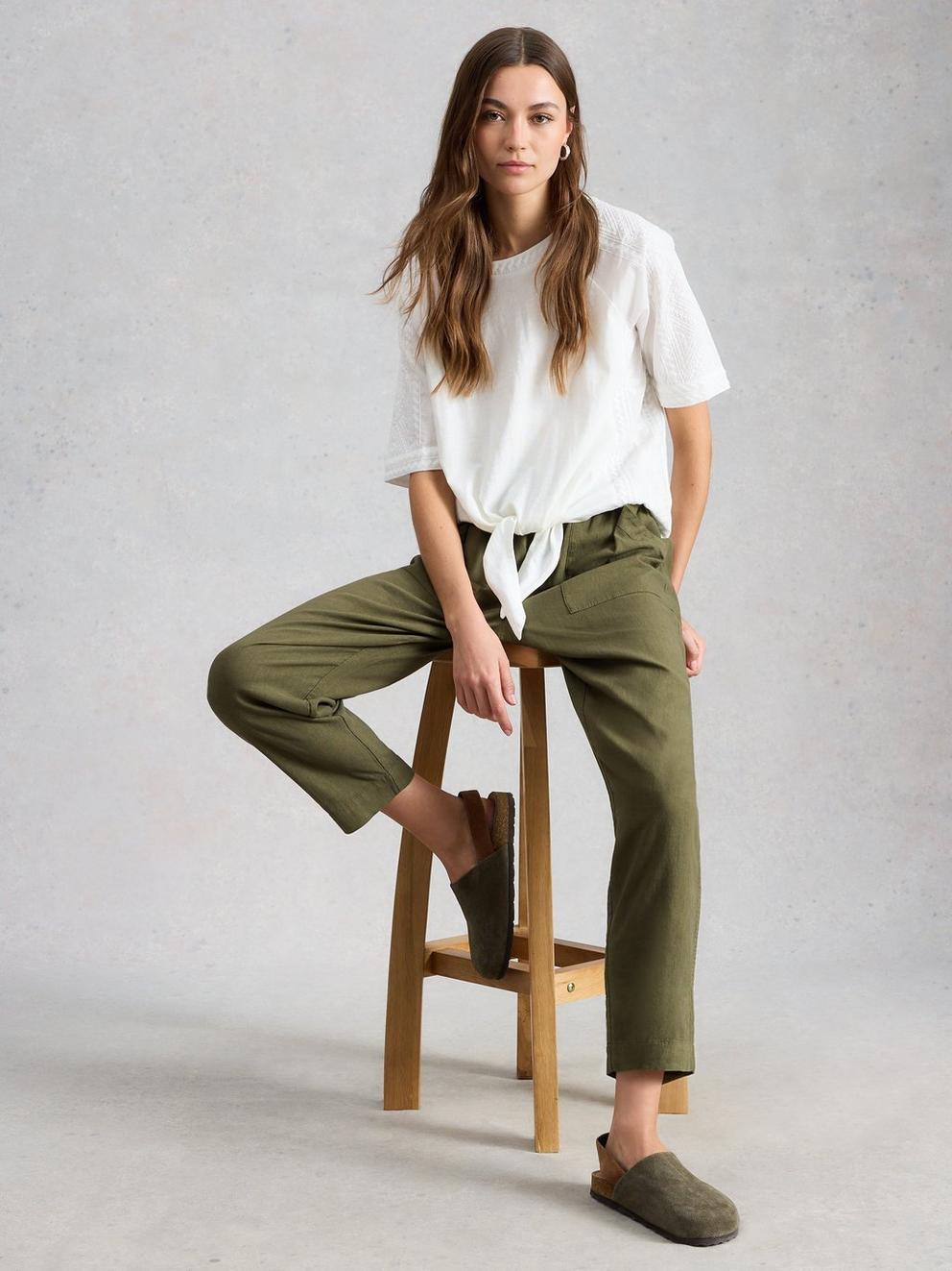Elle Linen Blend Ankle Length Trouser in KHAKI GRN - MODEL DETAIL