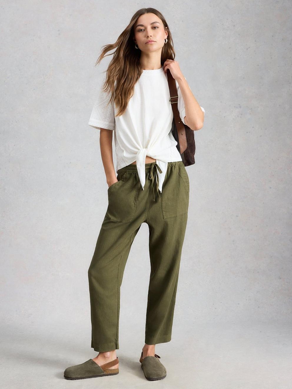 Elle Linen Blend Ankle Length Trouser in KHAKI GRN - MODEL FRONT