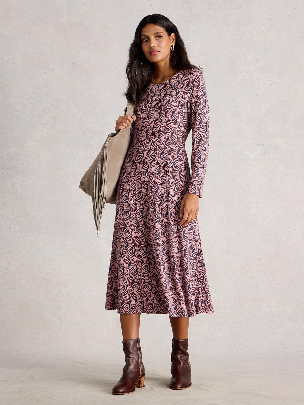 Madeline Crew Neck Jersey Dress  in PINK MLT - MODEL FRONT