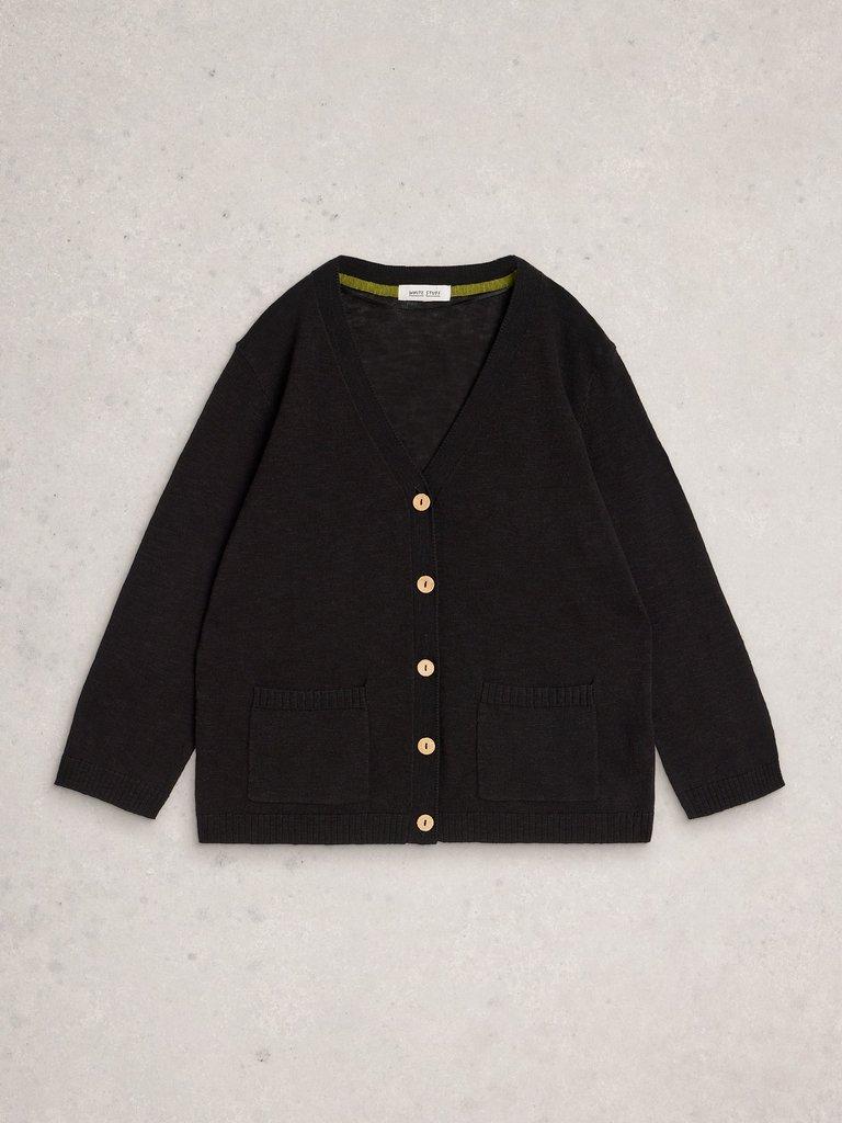 NOVA V NECK LINEN BLEND CARDI in PURE BLK - FLAT FRONT