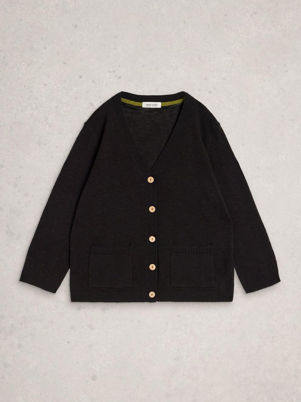 NOVA V NECK LINEN BLEND CARDI in PURE BLK - FLAT FRONT