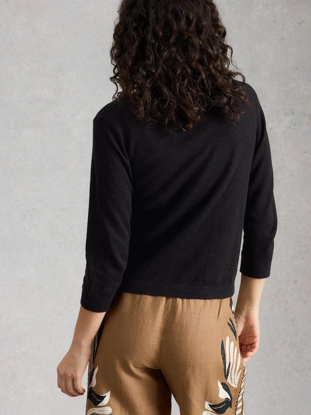 NOVA V NECK LINEN BLEND CARDI in PURE BLK - MODEL BACK