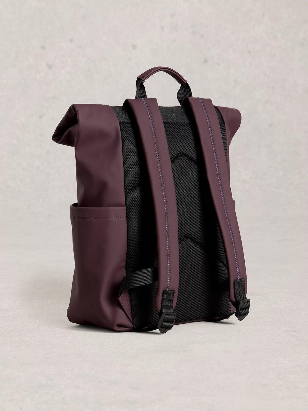 Alex Rubberised Backpack in DK PLUM - FLAT BACK