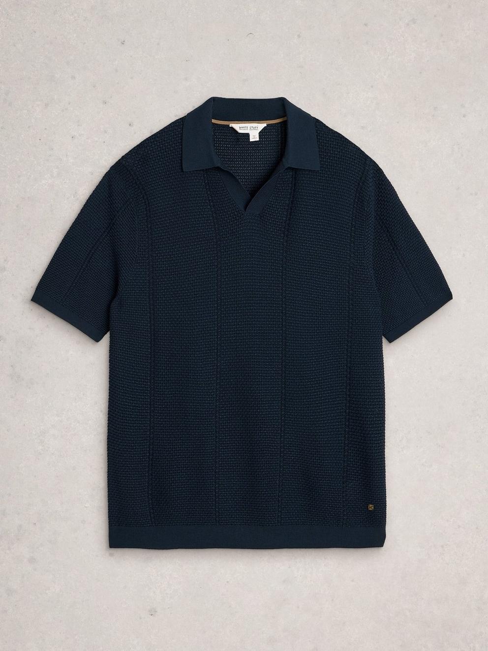 Thame Texture Knitted Polo in DARK NAVY - FLAT FRONT