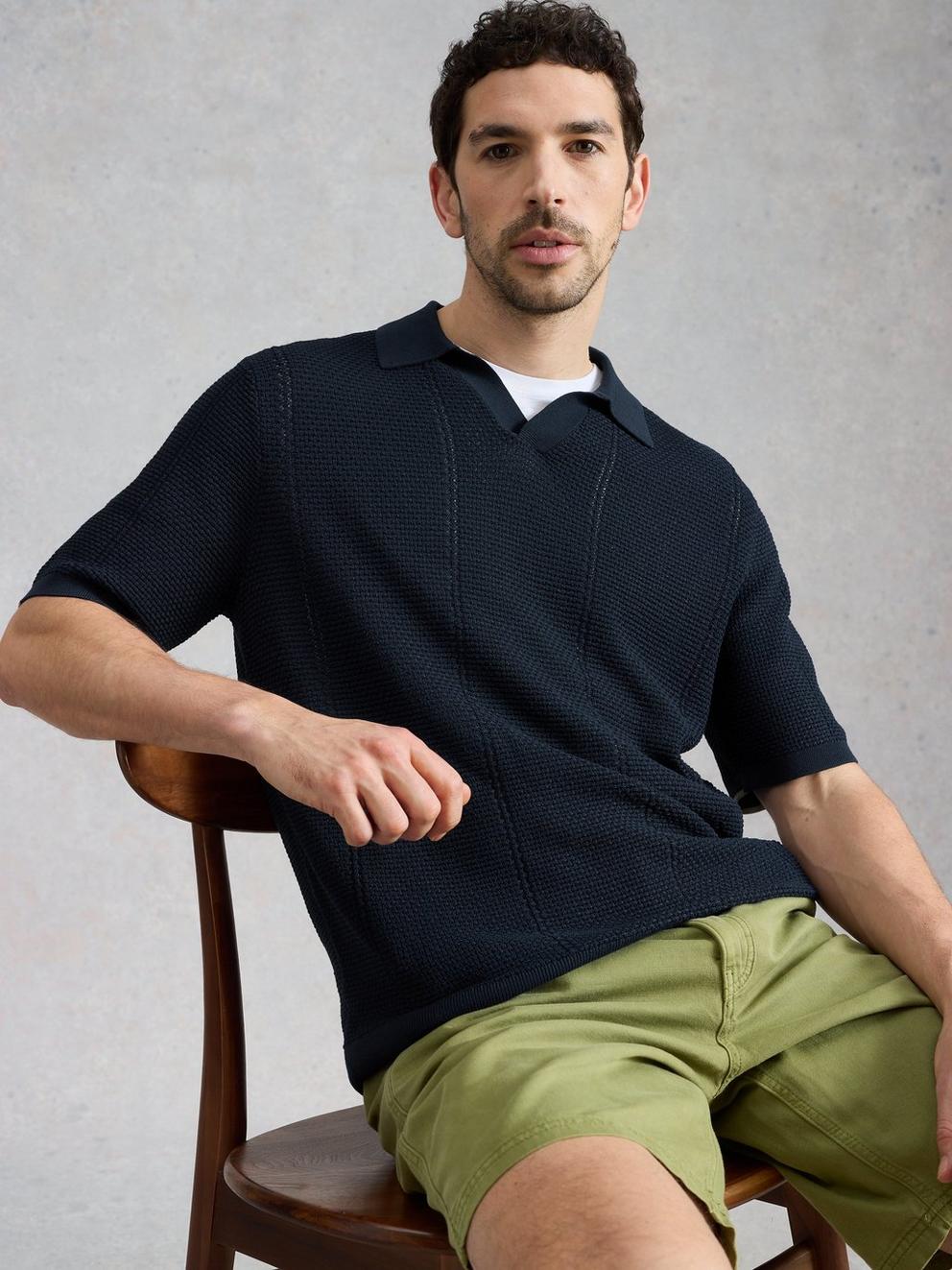 Thame Texture Knitted Polo in DARK NAVY - LIFESTYLE