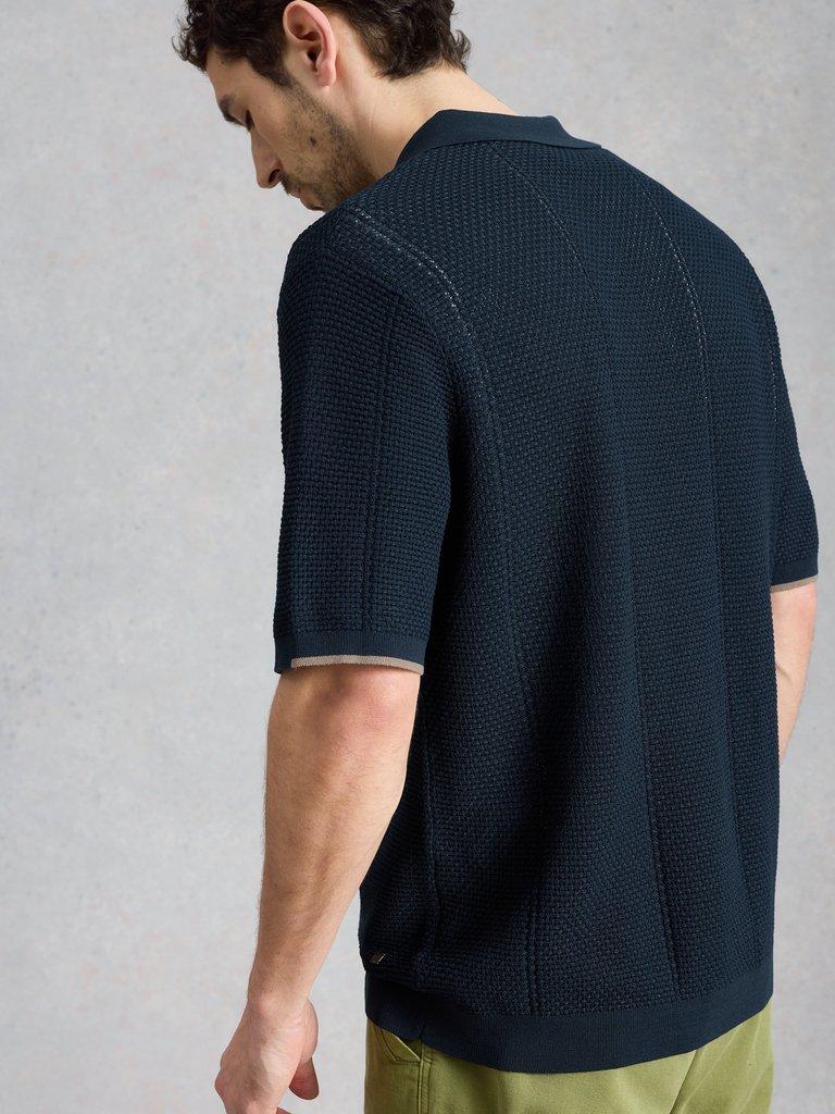 Thame Texture Knitted Polo in DARK NAVY - MODEL BACK